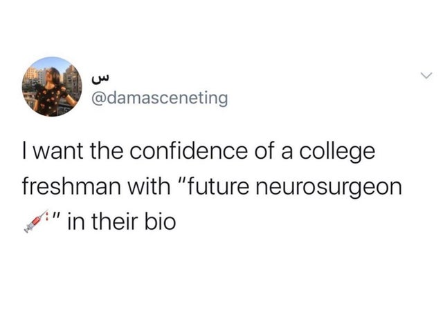 im irritated - I want the confidence of a college freshman with "future neurosurgeon " in their bio