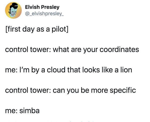 angle - Elvish Presley first day as a pilot control tower what are your coordinates me I'm by a cloud that looks a lion control tower can you be more specific me simba