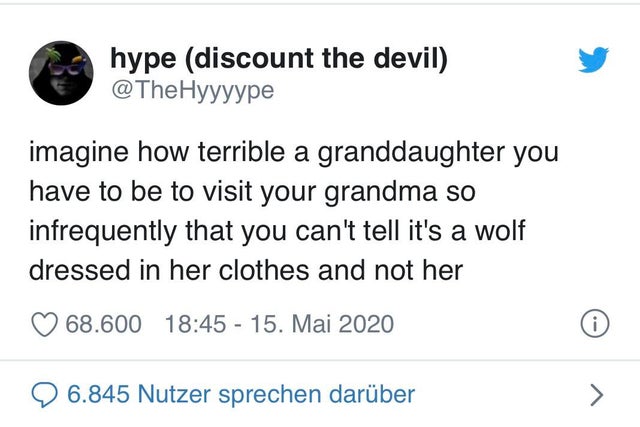 ef mount - hype discount the devil imagine how terrible a granddaughter you have to be to visit your grandma so infrequently that you can't tell it's a wolf dressed in her clothes and not her 68.600 15. Mai 2020 . 6.845 Nutzer sprechen darber