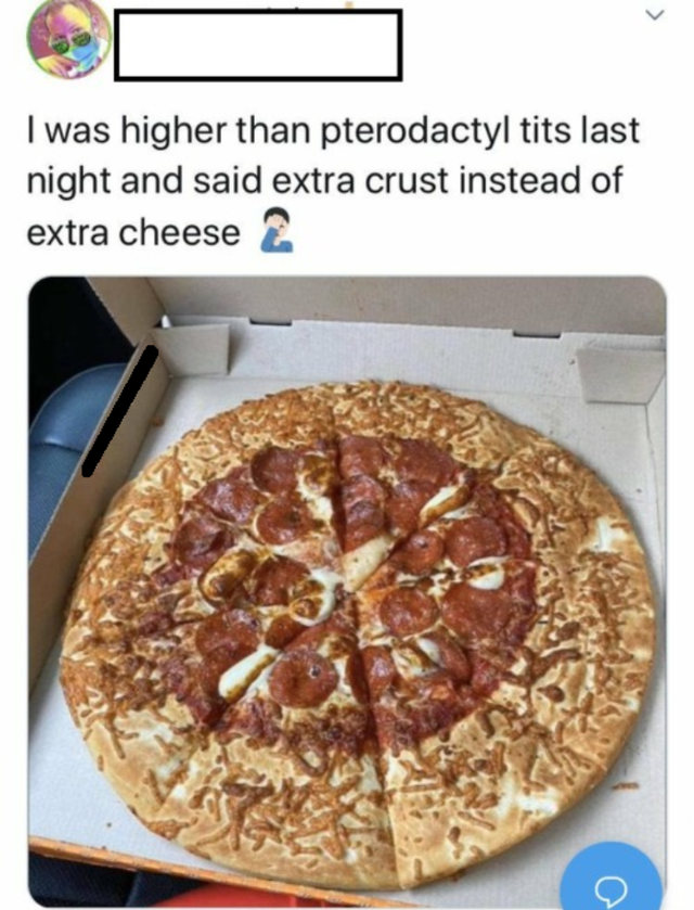 pizza - I was higher than pterodactyl tits last night and said extra crust instead of extra cheese 2