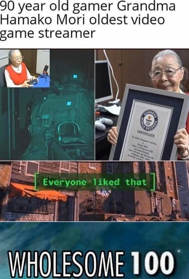 poster - 90 year old gamer Grandma Hamako Mori oldest video game streamer cond Certificate Everyone d that Wholesome 100