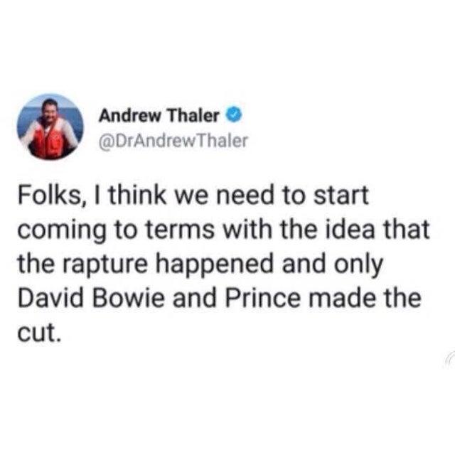 everyone has a crush on me - Andrew Thaler Folks, I think we need to start coming to terms with the idea that the rapture happened and only David Bowie and Prince made the cut.
