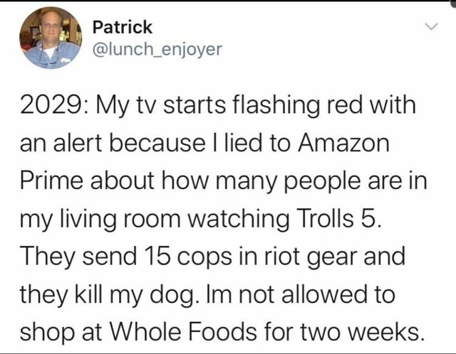 document - Patrick 2029 My tv starts flashing red with an alert because I lied to Amazon Prime about how many people are in my living room watching Trolls 5. They send 15 cops in riot gear and they kill my dog. Im not allowed to shop at Whole Foods for tw