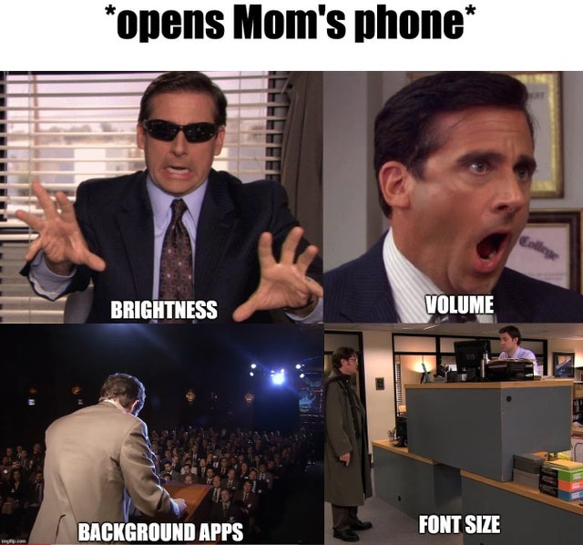 Internet meme - opens Mom's phone College Brightness Volume Background Apps Font Size p.com