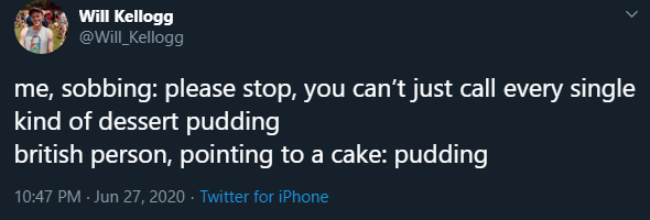 me, sobbing please stop, you can't just call every single kind of dessert pudding british person, pointing to a cake pudding