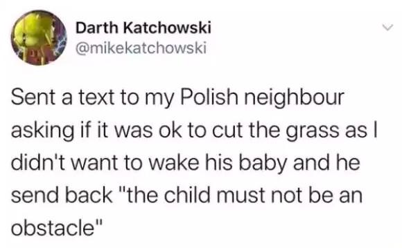 Darth Katchowski Sent a text to my Polish neighbour asking if it was ok to cut the grass as I didn't want to wake his baby and he send back "the child must not be an obstacle"