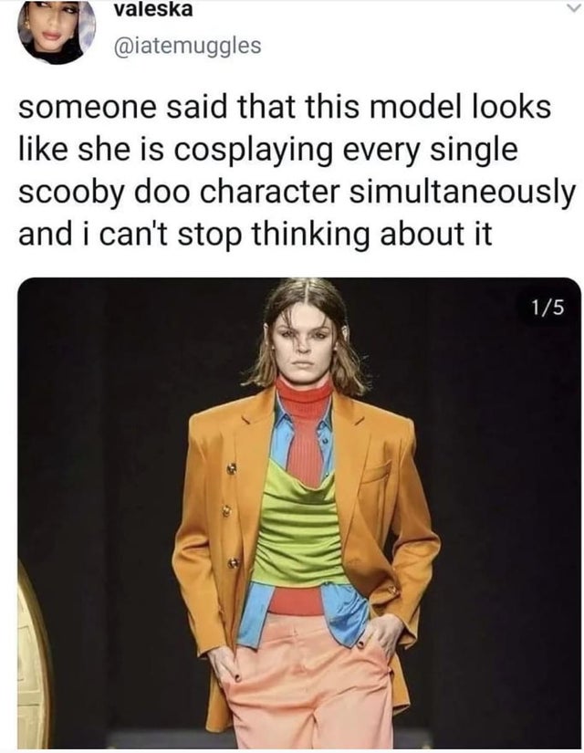 shoulder - valeska someone said that this model looks she is cosplaying every single scooby doo character simultaneously and i can't stop thinking about it 15