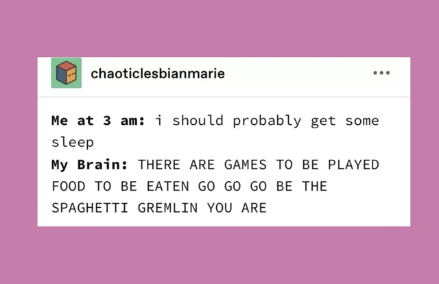 number - chaoticlesbianmarie Me at 3 am i should probably get some sleep My Brain There Are Games To Be Played Food To Be Eaten Go Go Go Be The Spaghetti Gremlin You Are