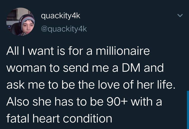 presentation - quackity4k All I want is for a millionaire woman to send me a Dm and ask me to be the love of her life. Also she has to be 90 with a fatal heart condition