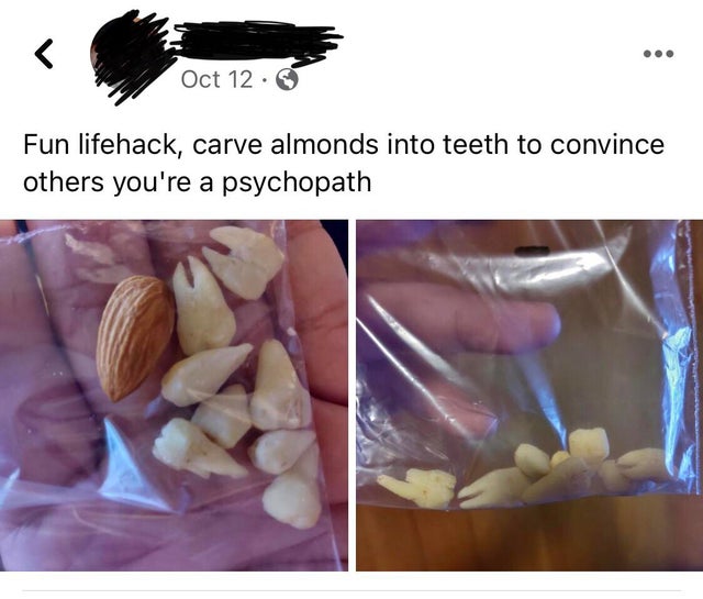 Almond - Oct 12. Fun lifehack, carve almonds into teeth to convince others you're a psychopath