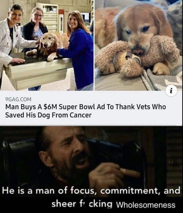 photo caption - i 9GAG.Com Man Buys A $6M Super Bowl Ad To Thank Vets Who Saved His Dog From Cancer He is a man of focus, commitment, and sheer f cking Wholesomeness