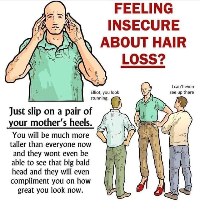hair loss meme - Feeling Insecure About Hair Loss? Elliot, you look stunning. I can't even see up there Just slip on a pair of your mother's heels. You will be much more taller than everyone now and they wont even be able to see that big bald head and the