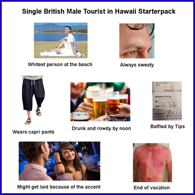 shoulder - Single British Male Tourist in Hawaii Starterpack Whitest person at the beach Always sweaty Auth 0227 Rele Approved Thank Subtotal $121.62 Total 2. 12 Signatura Ulleu cardholder My card is pursuant cardholder ag Wears capri pants Drunk and rowd
