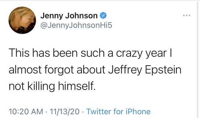 paper - Jenny Johnson Hi5 This has been such a crazy year | almost forgot about Jeffrey Epstein not killing himself. 111320 Twitter for iPhone