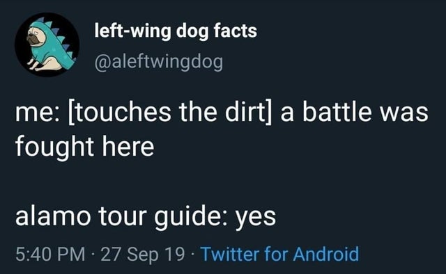 presentation - leftwing dog facts me touches the dirt a battle was fought here alamo tour guide yes 27 Sep 19 Twitter for Android