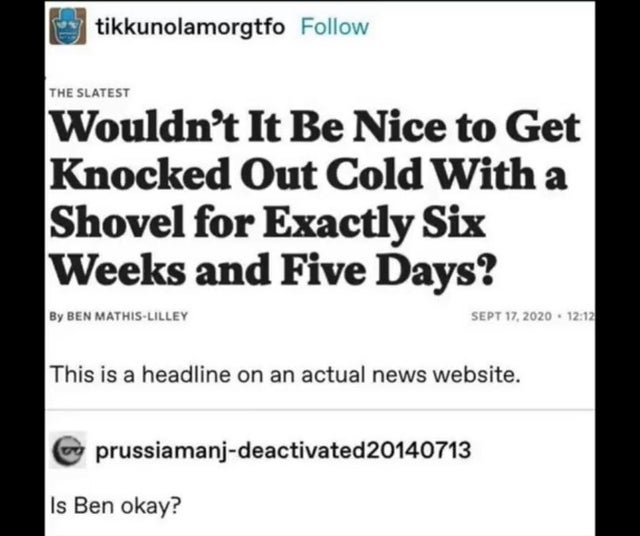 paper - tikkunolamorgtfo The Slatest Wouldn't It Be Nice to Get Knocked Out Cold With a Shovel for Exactly Six Weeks and Five Days? By Ben MathisLilley Sept 17, 2020 This is a headline on an actual news website. prussiamanjdeactivated20140713 Is Ben okay?