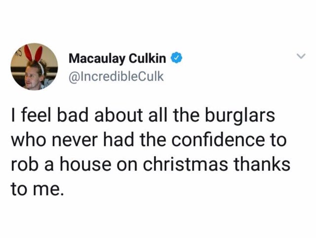 my pre drinking is your alcohol poisoning - Macaulay Culkin I feel bad about all the burglars who never had the confidence to rob a house on christmas thanks to me.