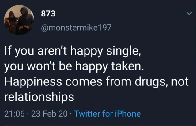 screenshot - 873 If you aren't happy single, you won't be happy taken. Happiness comes from drugs, not relationships 23 Feb 20 Twitter for iPhone