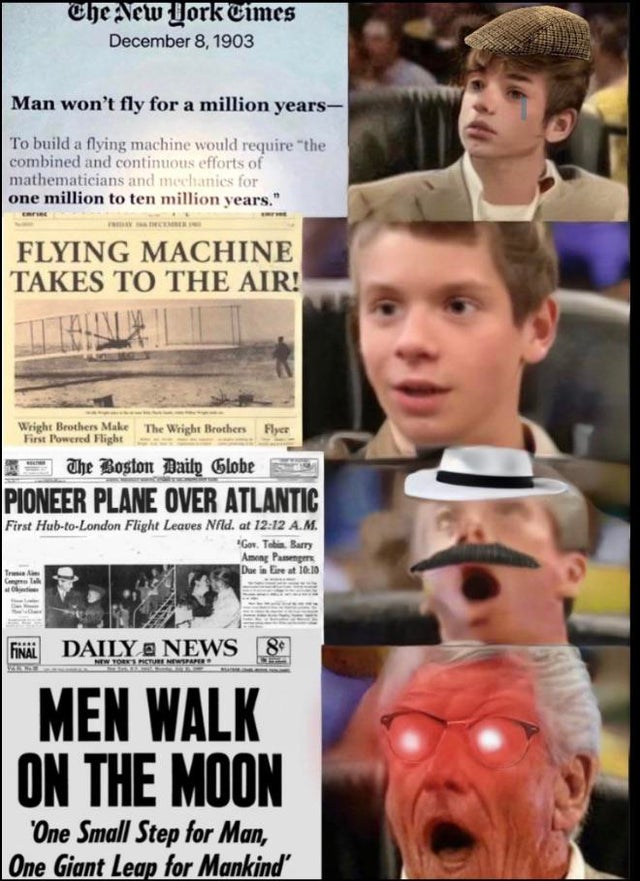 photo caption - The New York Times Man won't fly for a million years To build a flying machine would require the combined and continuous efforts of mathematicians and mechanies for one million to ten million years." Flying Machine Takes To The Air! Wright