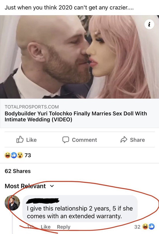 jaw - Just when you think 2020 can't get any crazier.... i Totalprosports.Com Bodybuilder Yuri Tolochko Finally Marries Sex Doll With Intimate Wedding Video Comment 73 62 Most Relevant v I give this relationship 2 years, 5 if she comes with an extended wa