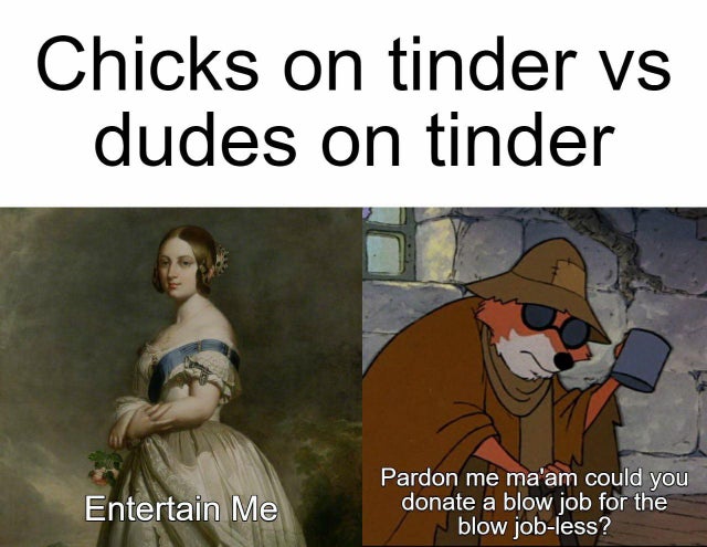 cartoon - Chicks on tinder vs dudes on tinder Entertain Me Pardon me ma'am could you donate a blow job for the blow jobless?