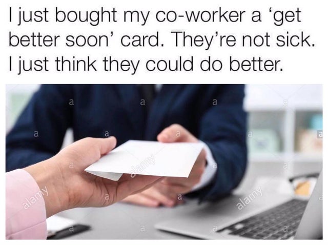 man handing envelope to man - I just bought my coworker a 'get better soon' card. They're not sick. I just think they could do better. a a a a ro a ro alamy alamy a a