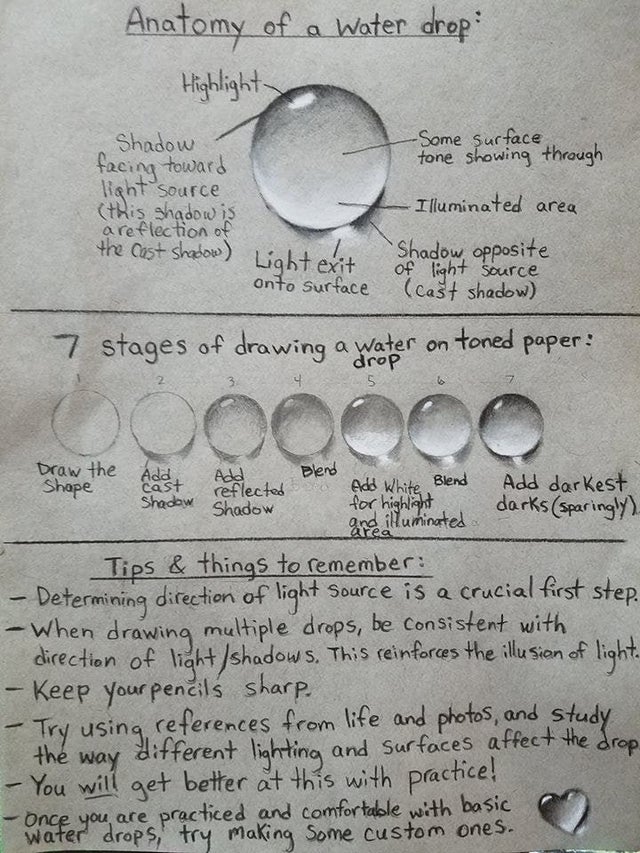 anatomy of water drawing - the cast shadow Light exit toned paper area Anatomy of a Water drop Highlight Shadow Some Surface facing toward tone showing through light source this shadow is Illuminated area a reflection of 7. Shadow opposite of onto surface