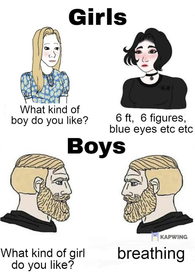 girls vs boys meme - Girls What kind of boy do you ? 6 ft, 6 figures, blue eyes etc etc Boys Kapwing What kind of girl do you ? breathing