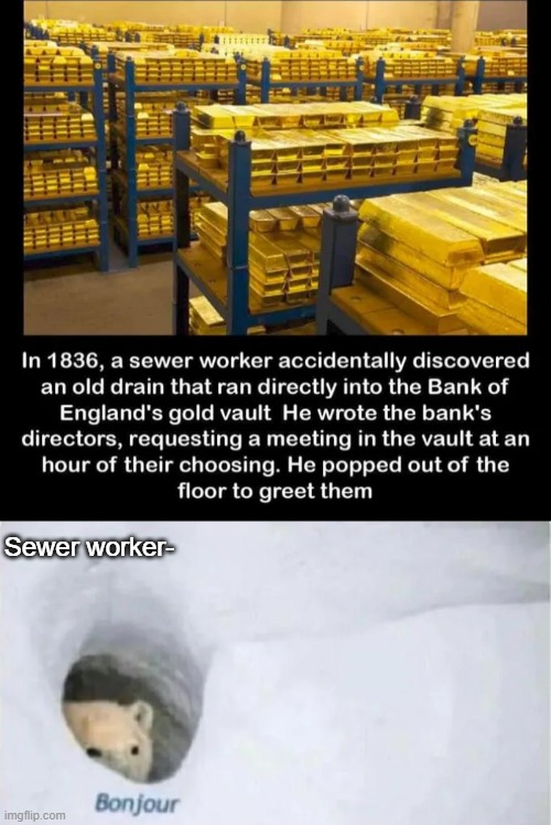 material - In 1836, a sewer worker accidentally discovered an old drain that ran directly into the Bank of England's gold vault He wrote the bank's directors, requesting a meeting in the vault at an hour of their choosing. He popped out of the floor to gr