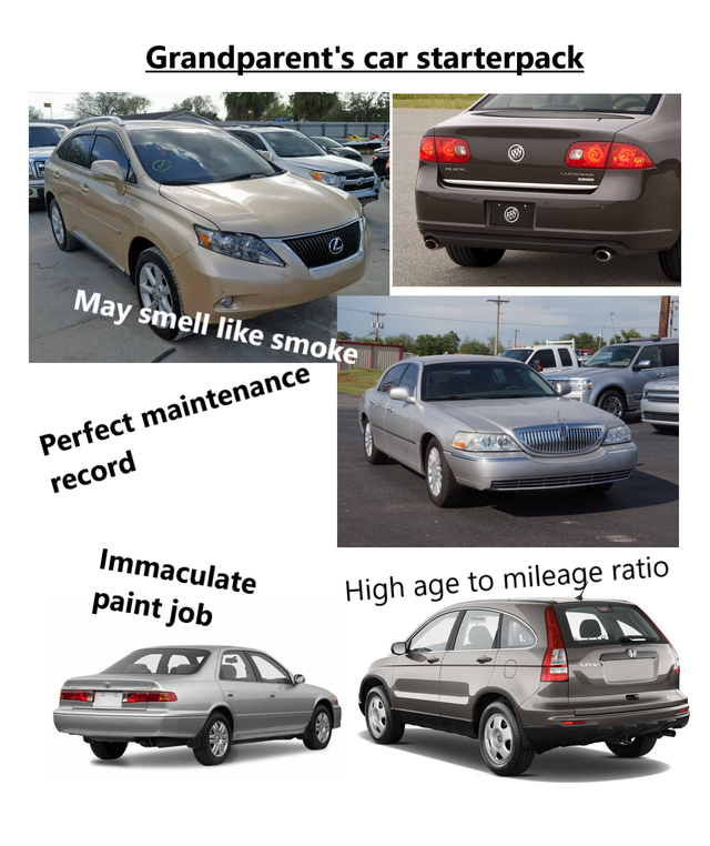 luxury vehicle - Grandparent's car starterpack May smell smoke Perfect maintenance record Immaculate paint job High age to mileage ratio