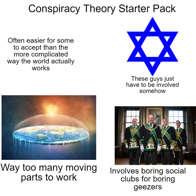 judaism schisms - Conspiracy Theory Starter Pack Often easier for some to accept than the more complicated way the world actually works These guys just have to be involved somehow Way too many moving parts to work Involves boring social clubs for boring g