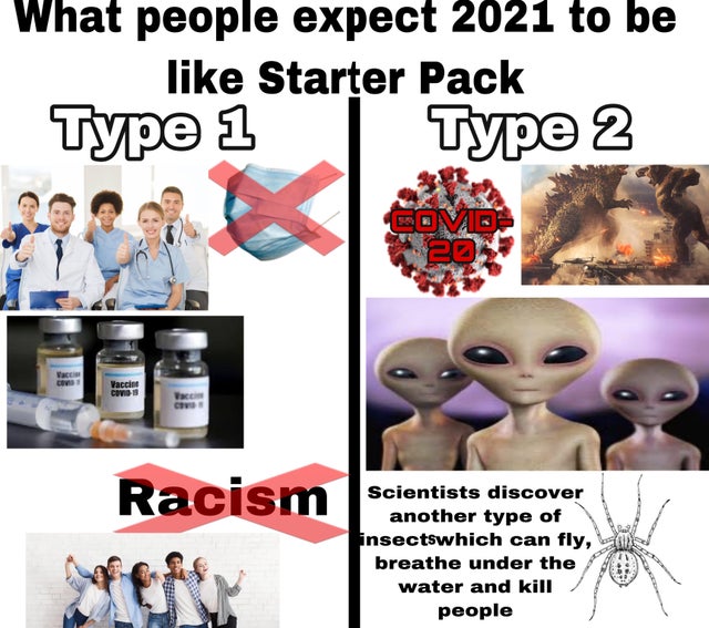 human behavior - What people expect 2021 to be Starter Pack Type 1 Type 2 Combi 202 Vacci Cavio Racism Scientists discover another type of insectswhich can fly, breathe under the water and kill people