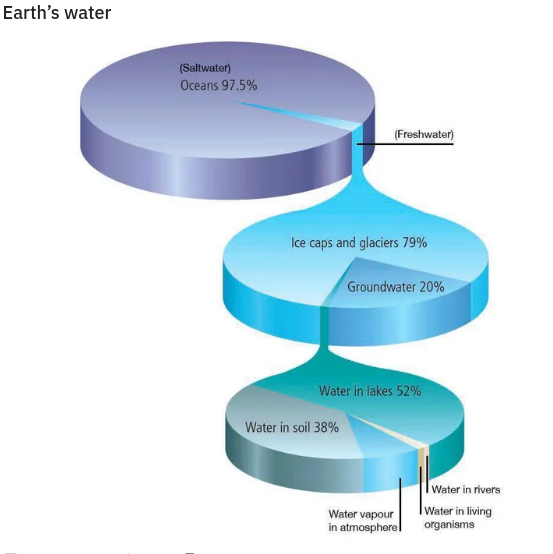 rest of the water in the tub represents all of the salt water on earth 97 %) - Earth's water Saltwater Oceans 97.5% Freshwater Ice caps and glaciers 79% Groundwater 20% Water in lakes 52% Water in soil 38% Water in rivers Water in living organisms Water v