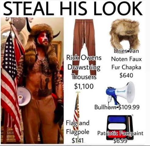 photo caption - Steal His Look Dries Van Rick Owens Noten Faux Drawstring Fur Chapka Trousers $640 $1,100 Bullhorn$109.99 Flag and Flagpole Patriotic Facepaint $141 $6.99