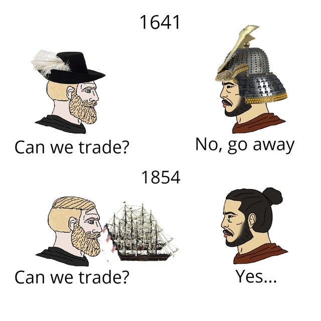 cartoon - 1641 Can we trade? No, go away 1854 Can we trade? Yes...