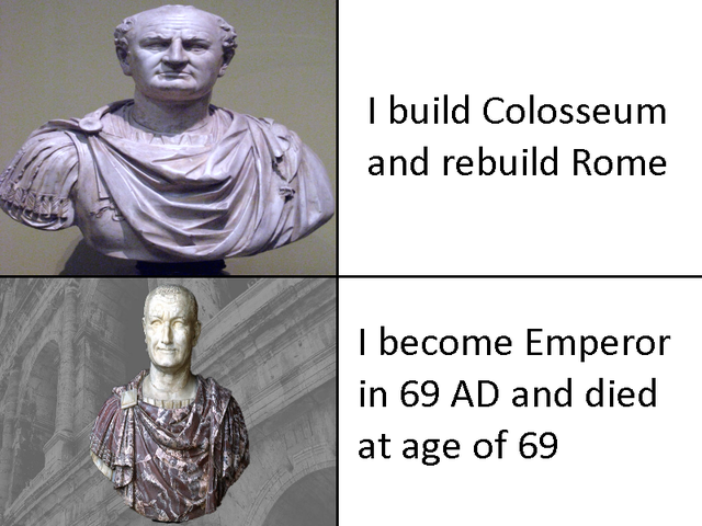 head - I build Colosseum and rebuild Rome I become Emperor in 69 Ad and died at age of 69