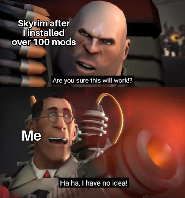 tf2 memes - Skyrim after I installed over 100 mods Are you sure this will work!? Me Ha ha, I have no idea!