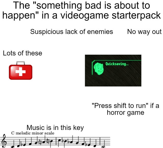 angle - The "something bad is about to happen" in a videogame starterpack Suspicious lack of enemies No way out Lots of these Quicksaving... "Press shift to run" if a horror game Music is in this key C melodic minor scale