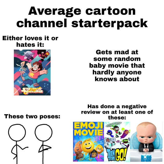 human behavior - Average cartoon channel starterpack Either loves it or hates it Gets mad at some random baby movie that hardly anyone knows about Tevens Niverse These two poses Has done a negative review on at least one of these Emoji Movie qi Teen Trami