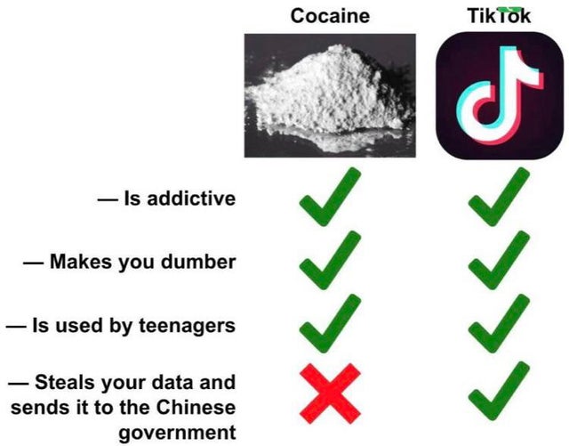 graphics - Cocaine Tik Tok Is addictive Makes you dumber >>>X Is used by teenagers Steals your data and sends it to the Chinese government