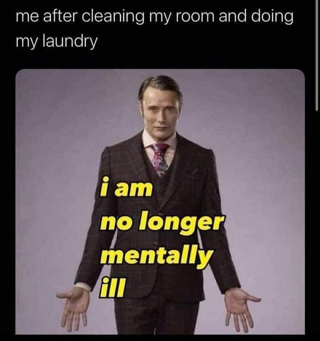 suit - me after cleaning my room and doing my laundry i am no longer mentally ill