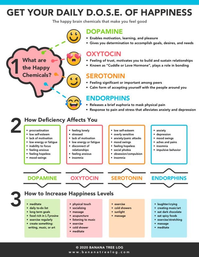 web page - Get Your Daily D.O.S.E. Of Happiness The happy brain chemicals that make you feel good Dopamine Enables motivation, learning, and pleasure Gives you determination to accomplish goals, desires, and needs Oxytocin What are Feeling of trust, motiv