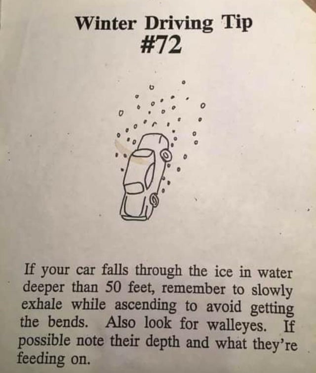 writing - Winter Driving Tip If your car falls through the ice in water deeper than 50 feet, remember to slowly exhale while ascending to avoid getting the bends. Also look for walleyes. If possible note their depth and what they're feeding on.