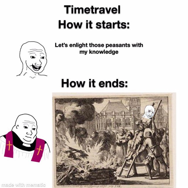 cartoon - Timetravel How it starts Let's enlight those peasants with my knowledge How it ends made with mematic