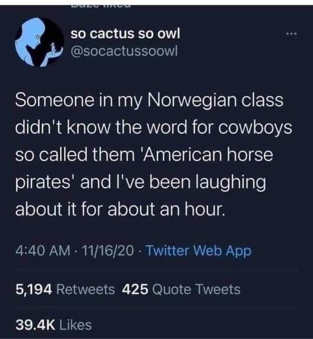 Horse - so cactus so owl Someone in my Norwegian class didn't know the word for cowboys so called them 'American horse pirates' and I've been laughing about it for about an hour. 111620 Twitter Web App 5,194 425 Quote Tweets