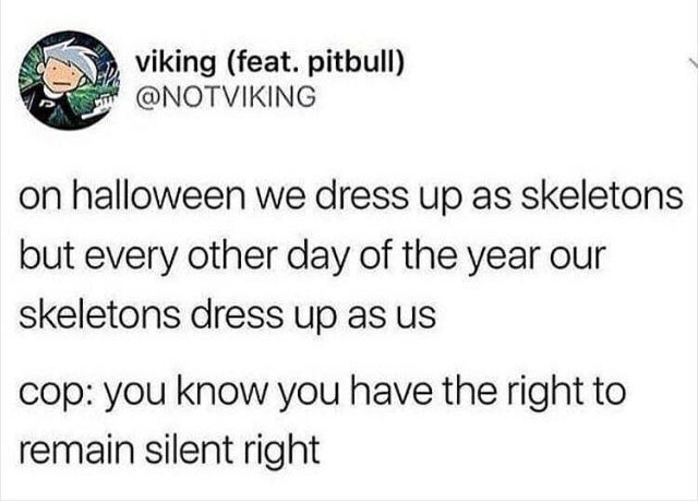 material - viking feat. pitbull on halloween we dress up as skeletons but every other day of the year our skeletons dress up as us cop you know you have the right to remain silent right