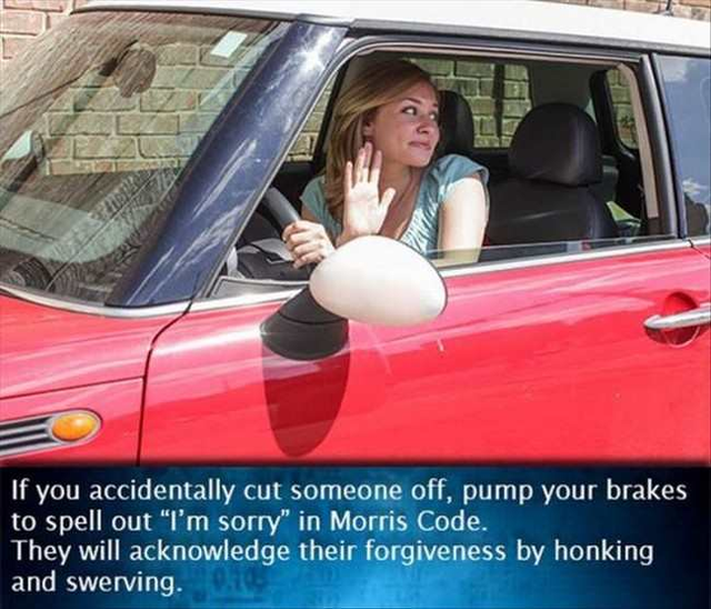accidentally cutting someone off - If you accidentally cut someone off, pump your brakes to spell out "I'm sorry" in Morris Code. They will acknowledge their forgiveness by honking and swerving.