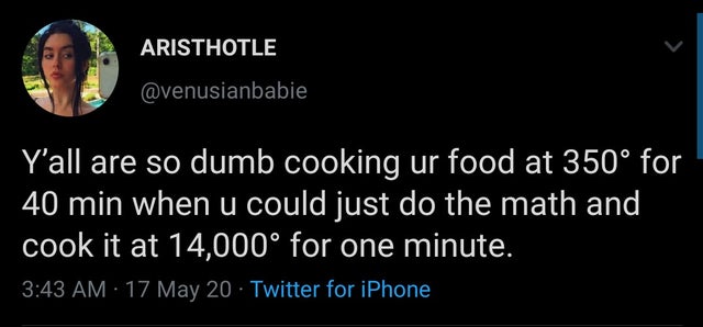 atmosphere - Aristhotle Y'all are so dumb cooking ur food at 350 for 40 min when u could just do the math and cook it at 14,000 for one minute. 17 May 20 Twitter for iPhone