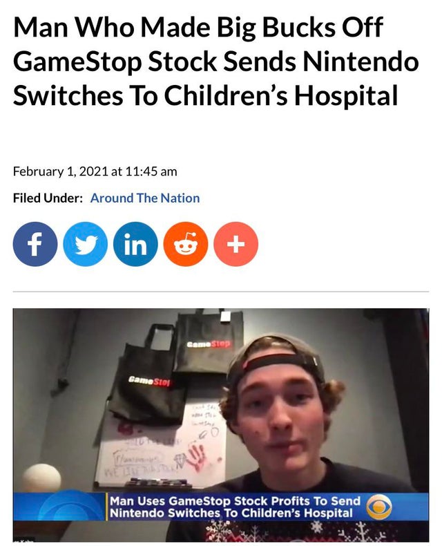 communication - Man Who Made Big Bucks Off GameStop Stock Sends Nintendo Switches To Children's Hospital at Filed Under Around The Nation f y in Gamestep GameStop That Bau Man Uses GameStop Stock Profits To Send Nintendo Switches To Children's Hospital