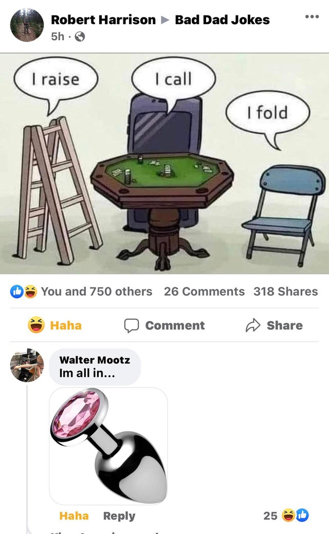 chair sex meme - ... Robert Harrison Bad Dad Jokes 5h. I raise I call I fold You and 750 others 26 318 Haha Comment Walter Mootz Im all in... Haha 25